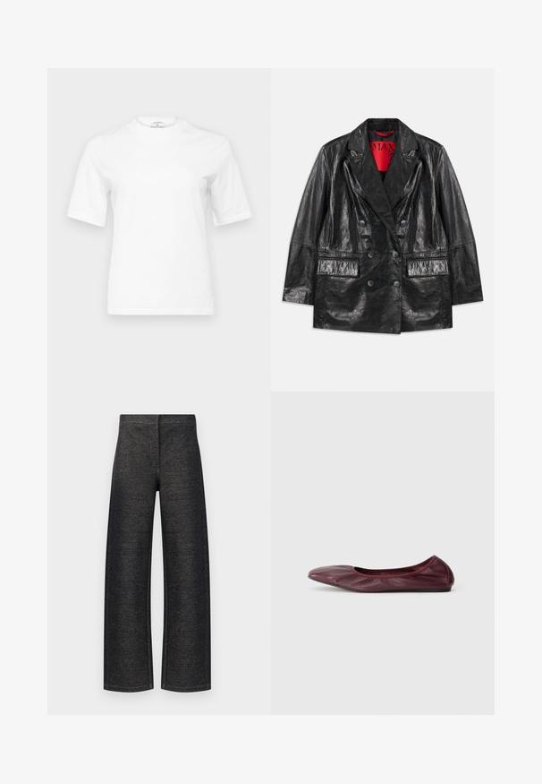Crna umetna kožna blazer jakna s dvostrukim kopčanjem i oštrim reverima, dva prednja džepa i glatka, sjajna tekstura. Crvena podstava vidljiva iznutra.; Bijela pamučna majica s okruglim izrezom i kratkim rukavima. Ima ravni kroj i minimalistički dizajn. Bez uzoraka ili akcenta.; Široke hlače od crnog denima. Imaju teksturiranu završnu obradu s čistem pojasom i bez vidljivog hardvera ili džepova.; Balerinke u tamnocrvenoj koži, s okruglim vrhom, elastičnom oko, i glatkom teksturom s suptilnim detaljima nabora.
