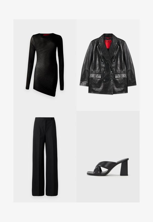 Black faux leather double-breasted blazer with peaked lapels, two front pockets, and a smooth, glossy texture. Red lining visible inside.; Black long-sleeve dress with a rounded neckline, made of lightweight fabric featuring a smooth texture and asymmetrical hemline. Red brand tag visible.; Wide-leg black trousers with a smooth, matte texture. Flat waistband with no visible hardware or patterns. Simple and elegant design.; MAX&Co. SOHO - High heeled sandals - schwarz