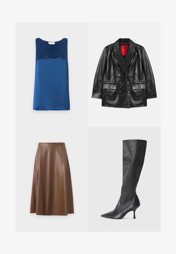 Černý kabát z umělé kůže, dvouřadý, s špičatými klopami, dvěma předními kapsami a hladkou, lesklou texturou. Červená podšívka viditelná uvnitř.; Modrý saténový top bez rukávů s kulatým výstřihem a širokými ramínky, hladkou texturou a volným střihem.; Hnědá kožená áčková sukně s hladkým povrchem a střední délkou. Má přiléhavý pas a mírné zvonění od boků.; Černé kožené vysoké boty do kolen s špičatou špičkou a štíhlým jehlovým podpatkem. Hladká textura s přiléhavým střihem a přešitím na horním okraji.