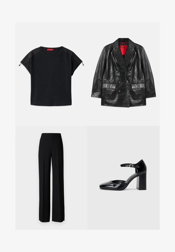 Must musta nahkaga kahekordne jope, millel on teravad kraed, kaks esist pocketit ja sile, läikiv tekstuur. Siseruumis on nähtav punane vooder.; Mustalane lühike t-särk ümmarguse kaelusega. Sisaldab pehmeid kangaid satiinpaneelidega õlgadel ja nööridega detaile varrukatel.; Mustad laiad püksid mustas värvitoonis, sujuva tekstuuri ja kõrge vöökoha ning keskmiste voldikutega. Ilma nähtavate mustrite või tarvikute detailideta.; Mustad lakknahk kingad kõrge kontsaga, ruudukujulise varbaga, pahkluu rihmaga ja paksu kontsaga. Sisaldab perforatsioonidega detaile ääres.