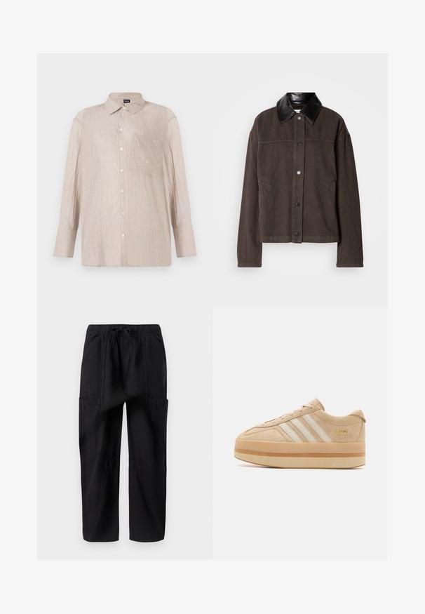 Rudas medvilninis švarkas su juodos odos apykakle, priekiniais mygtukais, šoninėmis kišenėmis ir laisvu siluetu.; Juostuota bežinė marškiniai su baltais ir mėlynais dryžiais, su apykakle ir krūtine kišene; ilgomis rankovėmis su mygtukais.; Juodos medvilninės cargo kelnės su laisvu kirpimu, turinčios elastinę juosmenį ir kelis šoninius kišenes, skirtas papildomai funkcionalumui.; Bežiniai zamsu šiuolaikiniai sportbačiai su baltais trimis dryžiais, apvaliu kojų pirštu ir bežine gumine padanga, su auksiniu logotipo akcentu šone.