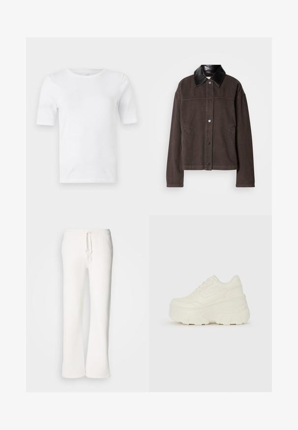 Brown cotton jacket with a black leather collar, front button closure, side pockets, and a relaxed fit.; White cotton T-shirt with a round neck and short sleeves. Smooth texture, regular fit. No patterns or accents visible.; White, relaxed-fit sweatpants made of soft fabric, featuring an elastic waistband with a drawstring and straight-leg design.; White platform sneakers featuring a smooth leather-like upper, rounded shape, padded collar, and textured rubber sole with defined treads.