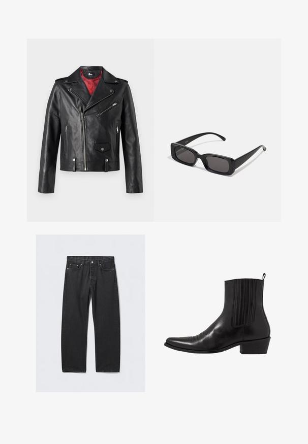 Czarna skórzana kurtka motocyklowa z srebrnymi suwakami i zatrzaskami, posiadająca czerwoną podszewkę i asymetryczne zapięcie z przodu.; Czarna koszula z długim rękawem wykonana z gładkiego materiału, z zapięciem na guziki z przodu, kołnierzykiem i subtelnym haftowanym logo na piersi.; Czarne dżinsy z prostymi nogawkami, zapinane na guziki, z pięcioma kieszeniami i mosiężnymi akcentami. Gładka tekstura.; Czarne skórzane botki za kostkę z wąskim noskiem, elastycznymi bocznymi panelami, pionowymi przeszyciami i niskim słupkowym obcasem.; Czarne prostokątne okulary przeciwsłoneczne z ciemnymi szkłami, błyszczącym wykończeniem, szerokimi zausznikami i masywną konstrukcją. Wygrawerowana nazwa marki na jednym z zauszników.