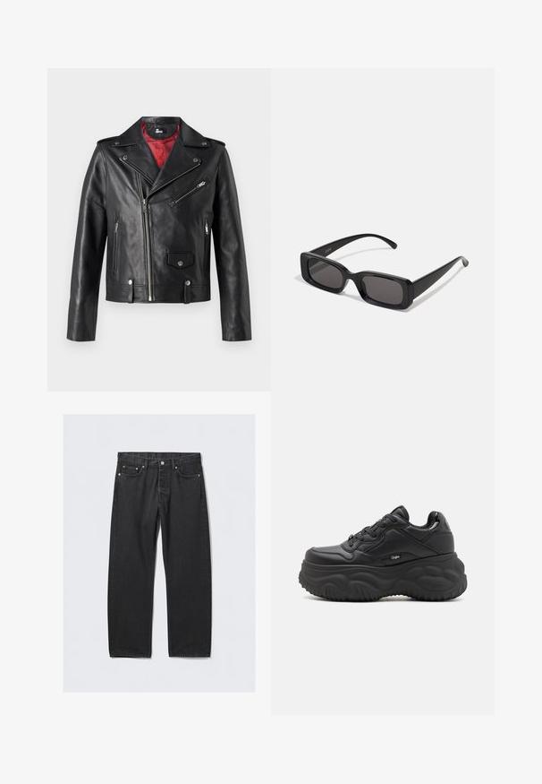 Juodas odinis motociklininko švarkas su sidabriniais užtrauktukais ir spaudėmis, turintis raudoną pamušalą ir asimetrišką priekinį užsegimą.; Juoda ilgos rankovės marškiniai, pagaminti iš glotnaus audinio, su mygtukų užsegimu priekyje, apykakle ir subtiliu išsiuvinėtu logotipu ant krūtinės.; Juodos džinsinės kelnės su tiesiu kirpimu, turinčios mygtukų užtrauktuką, penkias kišenes ir vario spalvos detales. Praeities tekstūra.; Juodos platformos kedai, pagaminti iš sintetinių medžiagų, turintys apvalią formą, tekstūruota padas ir kontrastingi raišteliai. Logotipas šone.; Juodos stačiakampės saulės akiniai su tamsiais lęšiais, blizgiu paviršiumi, plačiomis kojelėmis ir masyviu rėmeliu. Ant vienos kojelės yra išgraviruotas prekės ženklas.