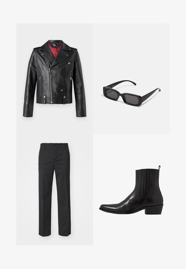 Zwart leren motorjack met zilveren ritsen en drukknoopsluitingen, voorzien van een rode binnenvoering en een asymmetrische voorkeursluiting.; Zwarte langmouwen shirt van gladde stof, met een knoopsluiting aan de voorkant, een kraag en een subtiel geborduurd logo op de borst.; Filippa K TROUSER - Broek - black; Zwarte leren enkellaarzen met een spitse neus, elastische zijpanele, verticale stiksels en een lage blokhak.; Zwarte rechthoekige zonnebril met donkere lenzen, glanzende afwerking, brede pootjes en een robuust frameontwerp. Gegraveerde merknaam op één van de pootjes.