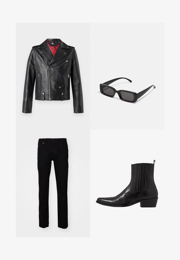 Černá kožená motorkářská bunda se stříbrnými zipy a patentkami, s červenou podšívkou a asymetrickým předním zapínáním.; Černá dlouhá košile s dlouhým rukávem vyrobená z hladké látky, s klopovým zapínáním na knoflíky, límečkem a decentně vyšitou nášivkou na prsou.; Černé džíny z denimu s úzkým střihem. Mezi prvky patří přední uzávěr na knoflík, poutka na pásek a tradiční pětikusový design. Hladká textura.; Černá kožená kotníková bota s špičatou špičkou, elastickými bočními panely, vertikálním prošíváním a nízkým blokovým podpatkem.; Černé obdélníkové sluneční brýle s tmavými skly, lesklým povrchem, širokými ramínky a robustním designem rámu. Vytlačený název značky na jednom ramínku.
