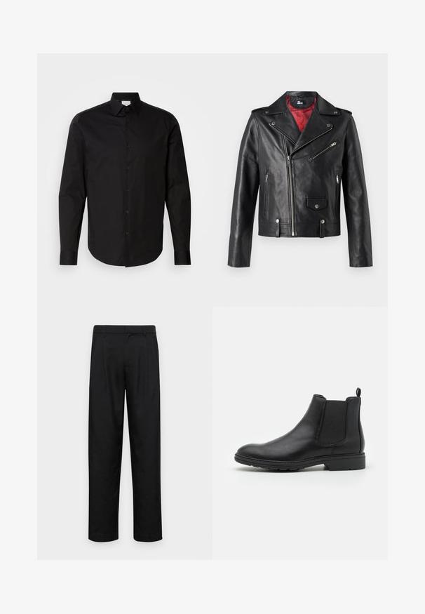 Črna usnjena motoristična jakna z srebrnimi zadrgami in gumbi na pritisni gumb, z rdečim notranjim podplatom in asimetričnim sprednjim zapiranjem.; Črna dolgoročena srajca z gumbi, izdelana iz gladkega bombažnega blaga. Ima klasičen ovratnik, sprednje gumbe in ukrivljen rob.; Črne hlače iz gladkega materiala, s krojem ravne noge, dvema sprednjima pregiboma in standardnim pasom z zankami za pas.; Črne usnjene čevlje Chelsea z elastičnimi stranskimi paneli in zanko, z zaobljenim nosom in teksturiranim gumijastim podplatom.