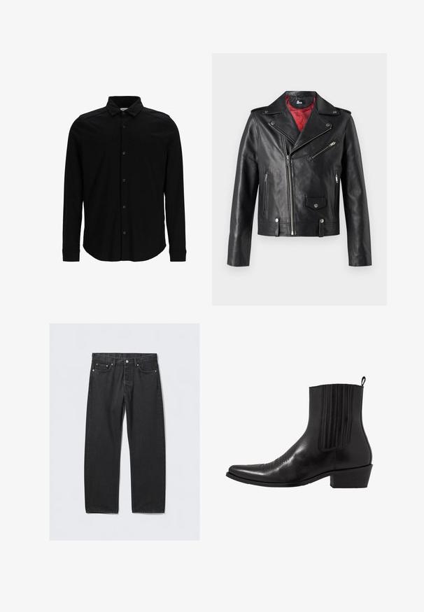 Zwart leren motorjack met zilveren ritsen en drukknoopsluitingen, voorzien van een rode binnenvoering en een asymmetrische voorkeursluiting.; Zwarte langmouwen shirt van gladde stof, met een knoopsluiting aan de voorkant, een kraag en een subtiel geborduurd logo op de borst.; Zwarte denim jeans met een rechte pijp, voorzien van een knoopsluiting, vijf zakken en hardwareaccenten in koperkleur. Soepele textuur.; Zwarte leren enkellaarzen met een spitse neus, elastische zijpanele, verticale stiksels en een lage blokhak.