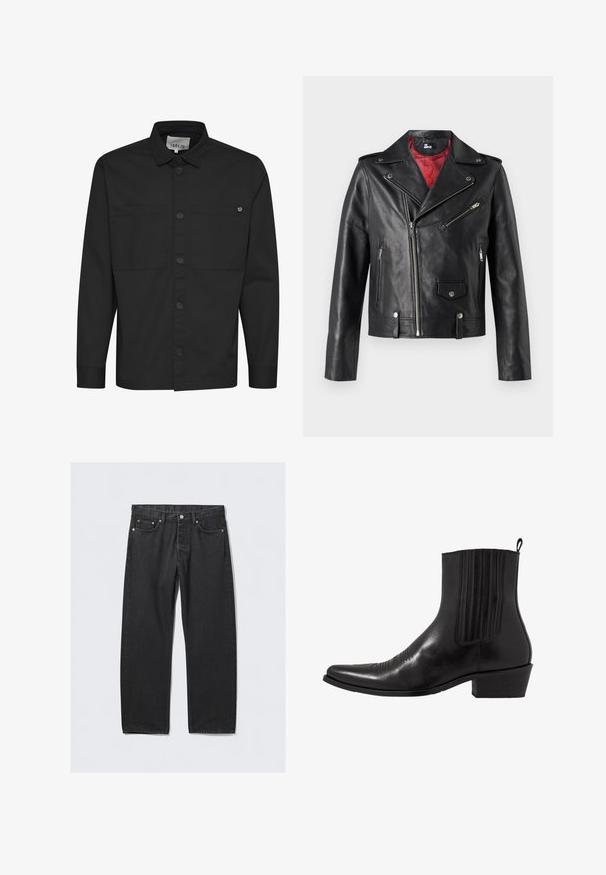 Črna usnjena motoristična jakna z srebrnimi zadrgami in gumbi na pritisni gumb, z rdečim notranjim podplatom in asimetričnim sprednjim zapiranjem.; Črna dolga majica z dolgimi rokavi, ki ima zapenjanje spredaj na gumbe, dve žepoma na prsih in ostre ovratnike. Narejena je iz gladkega materiala z mat površino.; Črne kavbojke iz denima s ravnim krojem, z gumbom za zapenjanje, petimi žepi in detajli v bakreni barvi. Gladka tekstura.; Črne usnjene gležnjarje s koničastim nosom, elastičnimi stranskimi paneli, navpičnimi šivi in nizko blokasto peto.