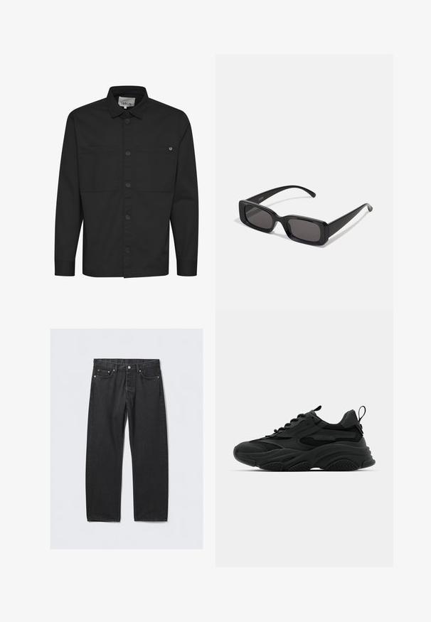 Črna usnjena motoristična jakna z srebrnimi zadrgami in gumbi na pritisni gumb, z rdečim notranjim podplatom in asimetričnim sprednjim zapiranjem.; Črna dolga majica z dolgimi rokavi, ki ima zapenjanje spredaj na gumbe, dve žepoma na prsih in ostre ovratnike. Narejena je iz gladkega materiala z mat površino.; Črne kavbojke iz denima s ravnim krojem, z gumbom za zapenjanje, petimi žepi in detajli v bakreni barvi. Gladka tekstura.; Črne športne teniske z debelim podplatom, mrežastimi ploščami in gumijastimi detajli. Imajo zanka na peti in teksturirane vzorce.; Črne pravokotne sončna očala z temnimi lečami, sijajna površina, široka ročaja in masiven okvir. Vgravirano ime blagovne znamke na eni ročaji.