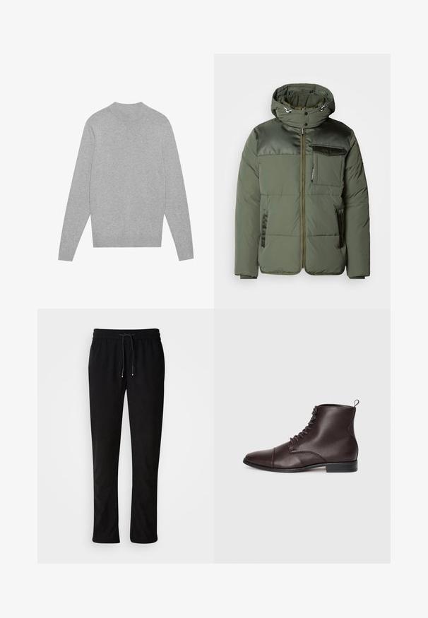 Scotch & Soda HOODED JACKET - Casaco de inverno - thyme; Suéter de manga longa cinza claro com gola, punhos e barramento canelados, deitado sobre um fundo branco.; Calças de moletão pretas com um tecido texturizado, cintura elástica e fecho com cordão, apresentando pernas retas e sem padrões ou acentos visíveis.; Botas de tornozelo em couro castanho com um acabamento texturizado, biqueira redonda, atacadores à frente e uma alça na parte de trás. Sola plana para maior estabilidade.