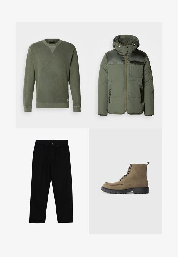 Scotch & Soda HOODED JACKET - Veste d'hiver - thyme; Sweat-shirt vert en tissu texturé, avec un col rond, des manches longues et une petite étiquette de marque en bas à gauche.; Pantalons en denim noir avec une coupe droite, un design à cinq poches et une fermeture à bouton à l'avant. Texture lisse avec des détails de couture minimaux.; Bottine en daim tan avec semelle en caoutchouc noir, bout rond, laçage à l'avant et couture contrastante. Équipée d'une boucle à l'arrière pour un enfilage facile.