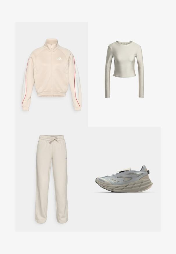 Beige-vetoketjullinen takki, jossa korkea kaulus, valkoiset ja punaiset sivualueet, resorit hihansuissa ja helmassa. Edessä pieni logo ja kaksi taskua.; Pitkähihainen crop-top vaaleassa kermavärissä, valmistettu sileästä, joustavasta kankaasta, jossa on pyöreä pääntie ja minimalistinen muotoilu.; Beige collegehousut, joissa on joustava vyötärö ja nyöri, joissa on rento leikkaus ja pieni sininen logo vasemmalla puolella. Pehmeä kangas.; Harmaa urheilukenkä, jossa on virtaviivainen muotoilu, teksturoidumpi päällinen, näkyvät nauhat, pehmustettu välikerros ja muotoiltu ulkopohja.