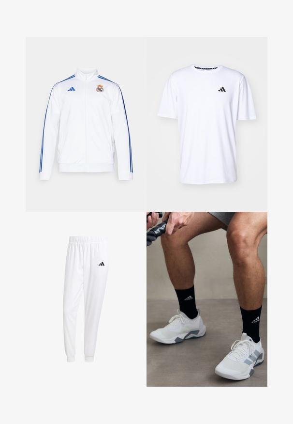 Chaqueta deportiva blanca con rayas azules, cuello alto, cremallera completa y logo del Real Madrid en el lado izquierdo del pecho. Fabricada en material ligero.; Camiseta blanca de manga corta fabricada con una tela de textura suave. Presenta un logo negro de adidas en el lado izquierdo del pecho y un cuello con un patrón.; Pantalones deportivos blancos de tela suave, con cinturilla elástica y puños ajustados, y un logo negro en el bolsillo trasero.; Zapatillas deportivas blancas con acentos grises, material texturizado y diseño con cordones. Llevadas con calcetines negros que presentan un logo.