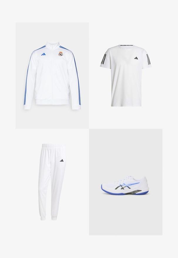 White sports jacket with blue stripes, high collar, full zipper, and Real Madrid logo on the left chest. Made from lightweight material.; White short-sleeve T-shirt made of breathable fabric, featuring a black triangular logo and three black stripes on each shoulder.; White athletic pants made of smooth fabric, featuring an elastic waistband and fitted cuffs, with a black logo on the back pocket.; White athletic shoe with blue accents, featuring a mesh upper, black overlays, and a textured sole for traction. Designed for performance and support.