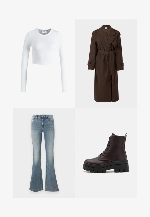 Ruskea villatrenssi takki, jossa on kaksirivinen malli, vyötärölle sopiva vyö ja hartioilla epauletit. Ominaisuuksiin kuuluvat suuret napit ja pitkät hihat.; Valkoinen pitkähihaiset crop-top ribbikankaasta. Omistaa pyöreän kaula-aukon ja istuvan muodon. Etiketti näkyy sisäpuolella kauluksessa.; Vaaleansiniset varrelliset farkut, joissa on viisi taskua, edessä nappikiinnitys ja hienovaraiset haalistumat jaloissa.; Ruske nahkasaappaat nilkkapituisena, pyöreällä kärjellä, mustalla paksupohjalla ja nauhakiinnityksellä. Takana on lenkki, joka helpottaa pukemista.