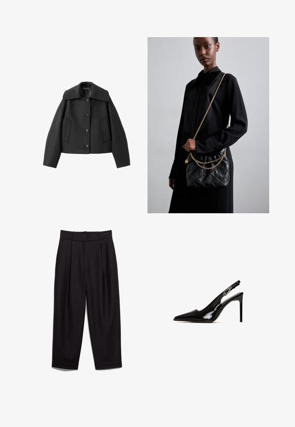 Czarna krótka kurtka z szerokim kołnierzem, zapięciem na guziki i dwoma przednimi kieszeniami. Wykonana z teksturowanej tkaniny o strukturalnym kroju.; Czarny sweter z ribbowanym splotem, z wysokim kołnierzem i skróconym krojem, z długimi rękawami i teksturowanym wykończeniem.; Czarne garniturowe spodnie z wysokim stanem, z zaszewkami z przodu i szerokimi nogawkami. Materiał wydaje się gładki z subtelną teksturą, odpowiedni do ubioru formalnego.; Czarne lakierowane skórzane sandały na obcasie z wąskim noskiem i szpilką. Posiadają wycięcia w designie oraz regulowany pasek z metalowymi elementami.; Czarna pikowana skórzana torebka z marszczonym topem, złotym łańcuchem oraz prostokątnym kształtem, trzymana na jednolitym tle.