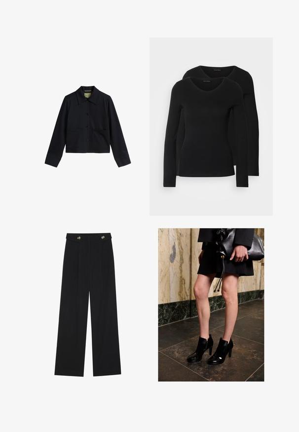 Mornarska bombažna jakna z oblikovanim ovratnikom, sprednjim zapiranjem na gumbe, dvema velikima sprednjima žepoma in dolgimi rokavi s podrobnostmi na manšetah.; Dve črne majice z dolgimi rokavi in V-izrezom, narejene iz mehkega in raztegljivega materiala, ki prikazuje gladko teksturo in prilegnjeno obliko.; Črne široke hlače s visokim pasom, gumbnimi detajli na pasu in sprednjimi gubami.; Ženska v črnih gležnjarjih in črni krilu, ki drži velik črn usnjen klobuček, stoji na temnem keramičnem podu blizu marmoraste stene.
