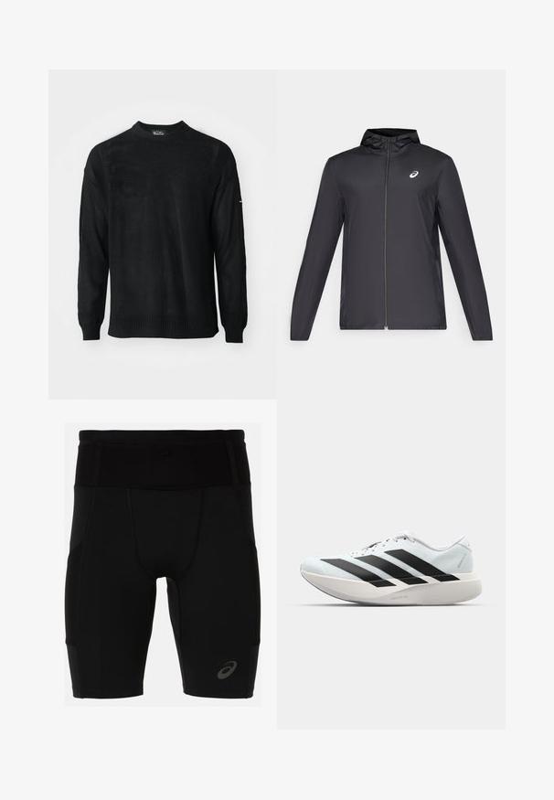 Black lightweight jacket with a hood, front zipper, long sleeves, and a small logo on the chest. Smooth, water-resistant fabric.; Black knitted sweater with a round neckline, long sleeves, and ribbed cuffs. Features a textured pattern and relaxed fit.; Black athletic shorts with a fitted design, made of smooth material. Features a high waistband and a small logo on the lower left leg.; Lightweight running shoes in pale blue with black stripes. Features a smooth upper, round toe, and thick white midsole labeled "LIGHTSTRIKE PRO."