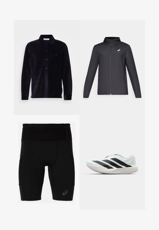 Črna lahka jakna s kapuco, sprednjim zadrgo, dolgimi rokavi in majhnim logotipom na prsih. Gladko, vodoodporno blago.; Črna kordurojska srajca s ovratnikom, dolgimi rokavi, gumbnim zapiranjem, žepom na prsih in teksturirano tkanino. Ima majhno oznako na robu.; Črne atletske kratke hlače s prilegajočim dizajnom, izdelane iz gladkega materiala. Imajo visok pas in majhen logotip na spodnjem levem delu noge.; Lahki tekaški čevlji v svetlo modri barvi z belimi črtami. Imajo gladek zgornji del, okroglo kapico in debel bel srednji podplat z označbo "LIGHTSTRIKE PRO."