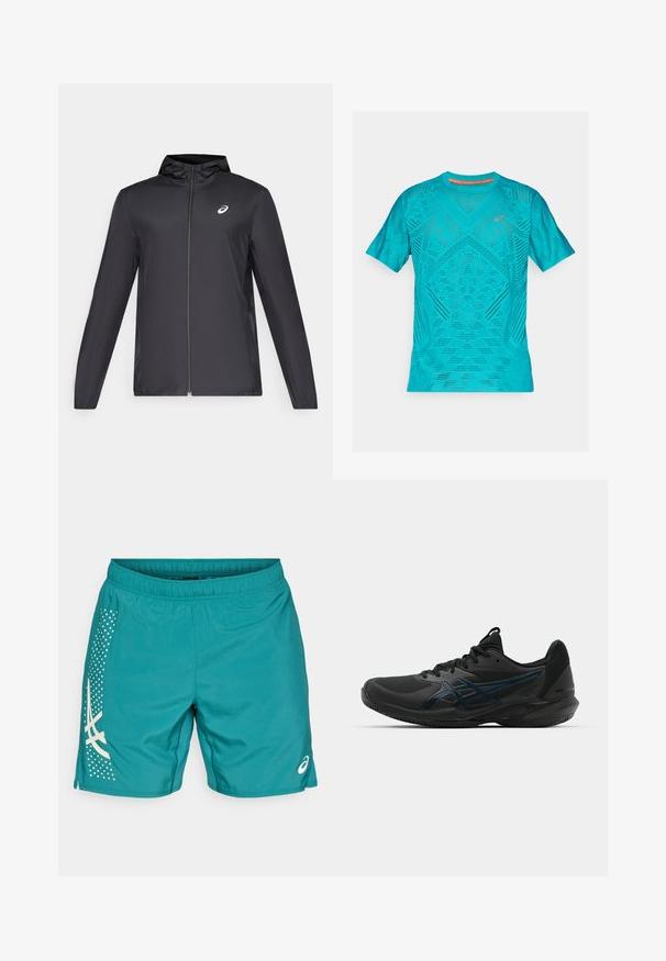 Black lightweight jacket with a hood, front zipper, long sleeves, and a small logo on the chest. Smooth, water-resistant fabric.; Turquoise athletic t-shirt with short sleeves, featuring a textured, breathable mesh design and reflective accents on the chest.; Teal sports shorts with a back elastic waistband, featuring a white dotted pattern and logo on the side. Lightweight, smooth texture.; ASICS SOLUTION SPEED FF 3 CLAY - Clay court tennis shoes - black/prism blue