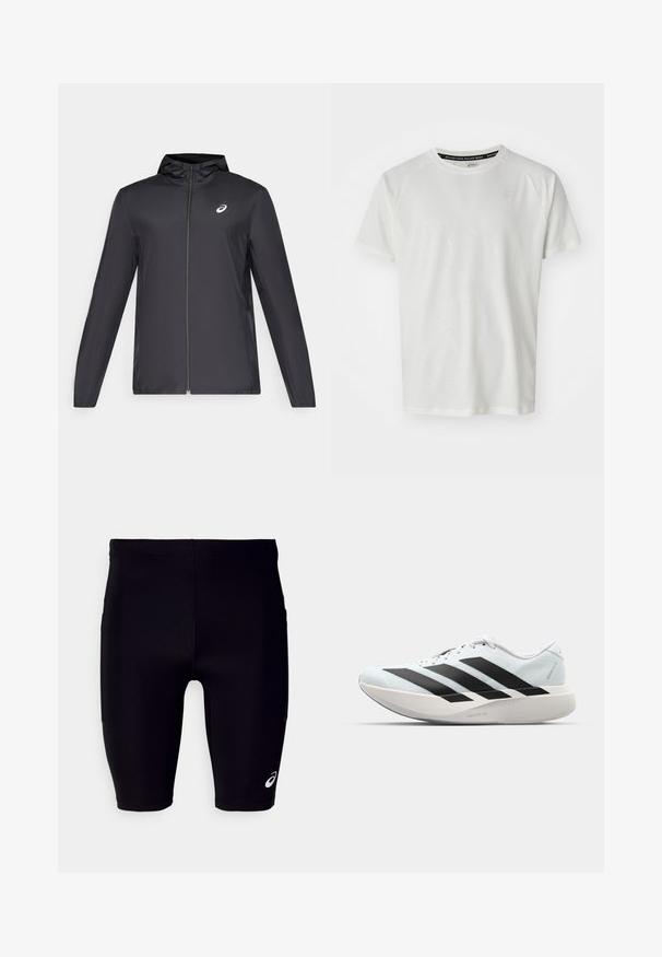 Sort letvægtsjakke med hætte, frontlynlås, lange ærmer og et lille logo på brystet. Glat, vandafvisende stof.; ASICS GAME - T-shirts basic - cream; Sorte træningsshorts lavet af strækbart materiale, med en tætsiddende pasform, knælangt design og et lille hvidt logo på den nedre side.; Letvægtige løbesko i lys blå med sorte striber. Har en glat overdel, rund tå og tyk hvid mellemsål mærket "LIGHTSTRIKE PRO."