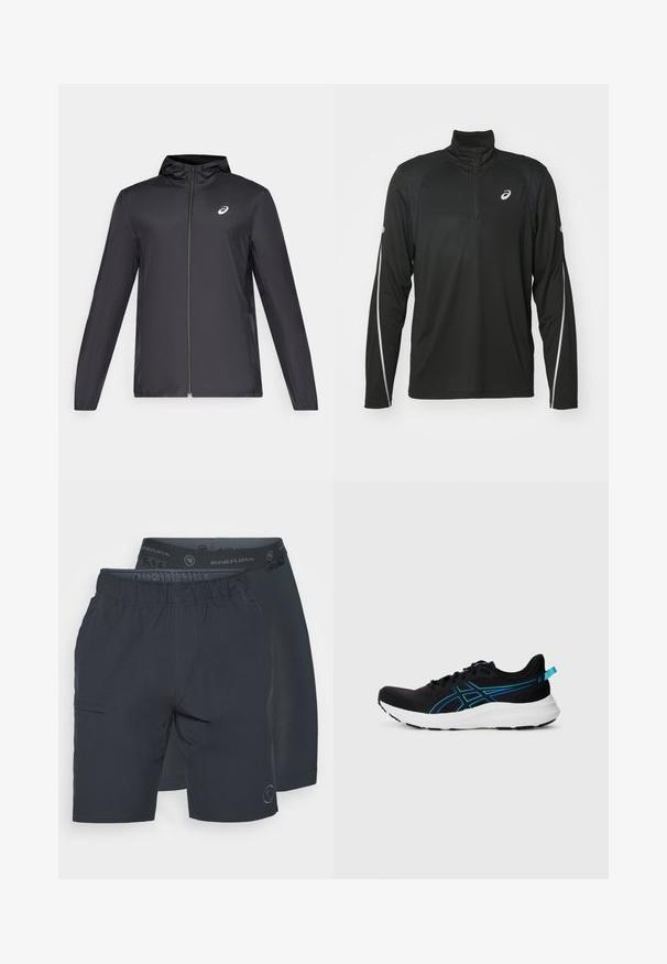 Veste légère noire avec capuche, fermeture éclair sur le devant, manches longues et petit logo sur la poitrine. Tissu lisse et résistant à l'eau.; Haut de sport noir à manches longues avec un col zippé mi-hauteur, présentant des accents réfléchissants blancs sur les manches et un logo sur la poitrine.; Deux paires de shorts marine foncé côte à côte. L'un a une taille élastique avec des logos, tandis que l'autre dispose d'une poche sur le côté.; Chaussure de sport noire avec une tige en maille respirante, accents bleus, semelle blanche rembourrée et surface texturée pour une meilleure adhérence. Équipée de lacets et d'une languette au talon.