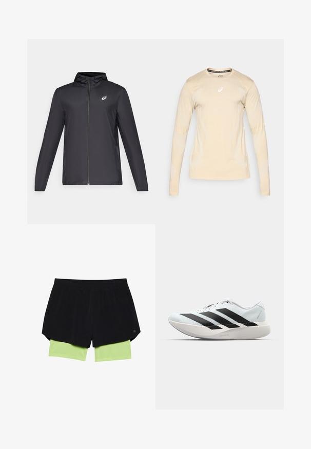Black lightweight jacket with a hood, front zipper, long sleeves, and a small logo on the chest. Smooth, water-resistant fabric.; ASICS ROAD SEAMLESS TOP - Long sleeved top - cream; Black athletic shorts with an elastic waistband, featuring attached light green inner shorts. Smooth fabric and a casual design.; Lightweight running shoes in pale blue with black stripes. Features a smooth upper, round toe, and thick white midsole labeled "LIGHTSTRIKE PRO."