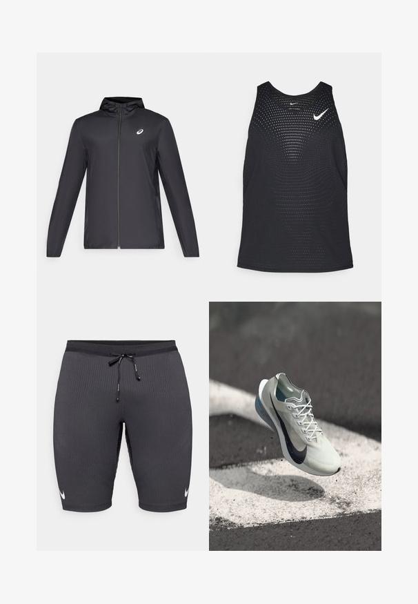 Chaqueta ligera negra con capucha, cierre frontal, mangas largas y un pequeño logo en el pecho. Tela suave y resistente al agua.; Camiseta sin mangas deportiva negra con textura perforada y escote redondeado. Presenta un logo de Nike en blanco en el pecho.; Shorts atléticos negros de tela acanalada, con cintura ajustable mediante cordón y un pequeño logo blanco de Nike en el lado izquierdo.; Zapatilla de running Nike blanca y negra suspendida sobre una superficie de asfalto con marcas viales blancas y pequeños escombros.