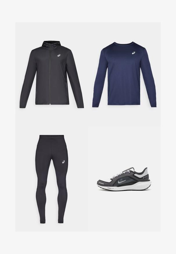 Crna lagana jakna s kapuljačom, prednjim patentnim zatvaračem, dugim rukavima i malim logom na prsima. Glatka, vodoodbojna tkanina.; Dugulja sportska majica dugih rukava u mornarskoj plavoj boji, izrađena od glatkog materijala. Ima zaobljen izrez i mali bijeli logo na prsima.; Crne atletske tajice napravljene od rastezljivog, glatkog materijala. Imaju prilagođeni dizajn i mali bijeli logotip na gornjoj lijevoj bedri.; Crne i sive atletske cipele s mrežastim gornjim dijelom, reflektirajućim detaljima i bijelim među-djelom. Imaju strukturiranu gumenu potplate i vezice.