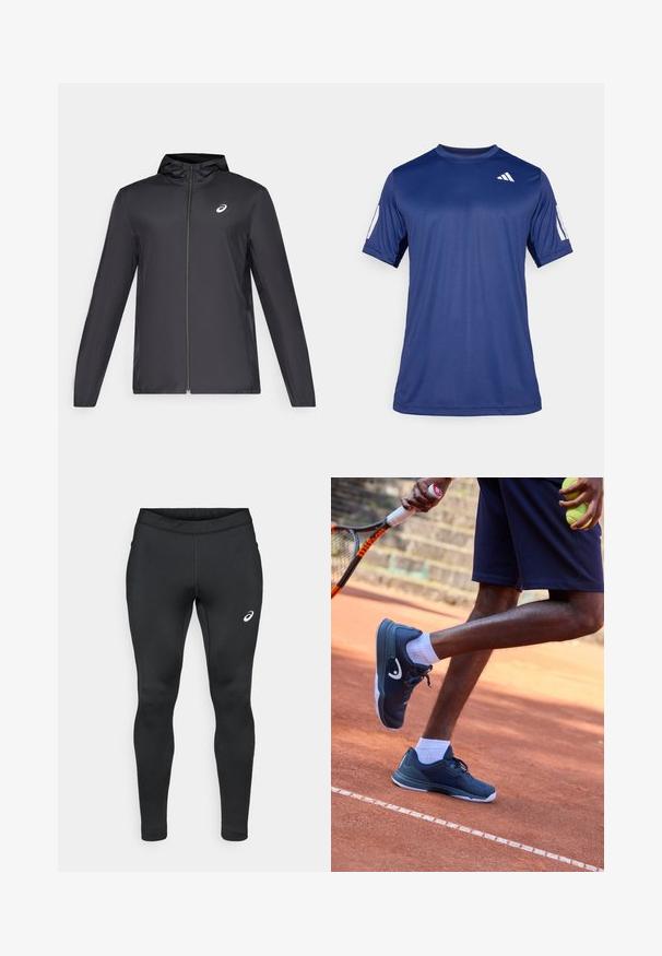 Fekete, könnyű dzseki kapucnival, elöl cipzárral, hosszú ujjú, és egy kisebb logóval a mellkason. Simább, vízálló anyag.; Tengerészkék, rövid ujjú, sportos póló sima anyagból, kerek nyakkivágással, a bal felső mellrészen fehér logó részlettel.; ASICS CORE WINTER - Téli harisnyanadrág - performance black; Tengerészkék teniszcipők fehér részletekkel, texturált felülettel és támogató kialakítással, fehér zoknikkal és fekete sorttal párosítva, salakpályán.