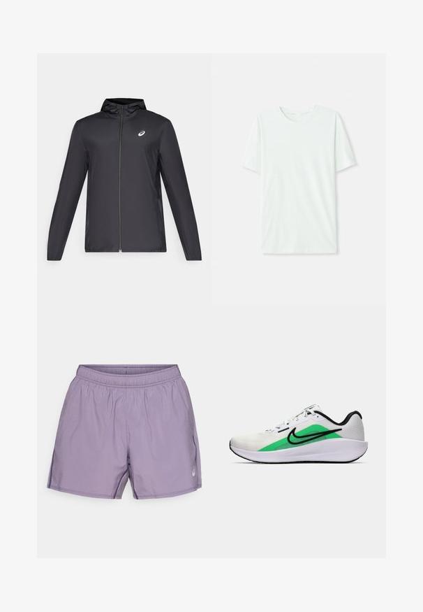 Zwarte lichtgewicht jas met een capuchon, rits aan de voorkant, lange mouwen en een klein logo op de borst. Glad, waterafstotend materiaal.; Licht mintgroen T-shirt met korte mouwen, gemaakt van zachte stof. Het heeft een ronde halslijn en een simpele, rechte snit zonder versieringen.; Paarse sportshorts met een elastische tailleband, een gladde textuur, zijzakken en een klein logoaccent.; Witte sportieve schoen met een groene accenta, zwart logo, bovenwerk van mesh, gevoerde zool en een afgeronde hak. Voorzien van veters en contrasterende details.