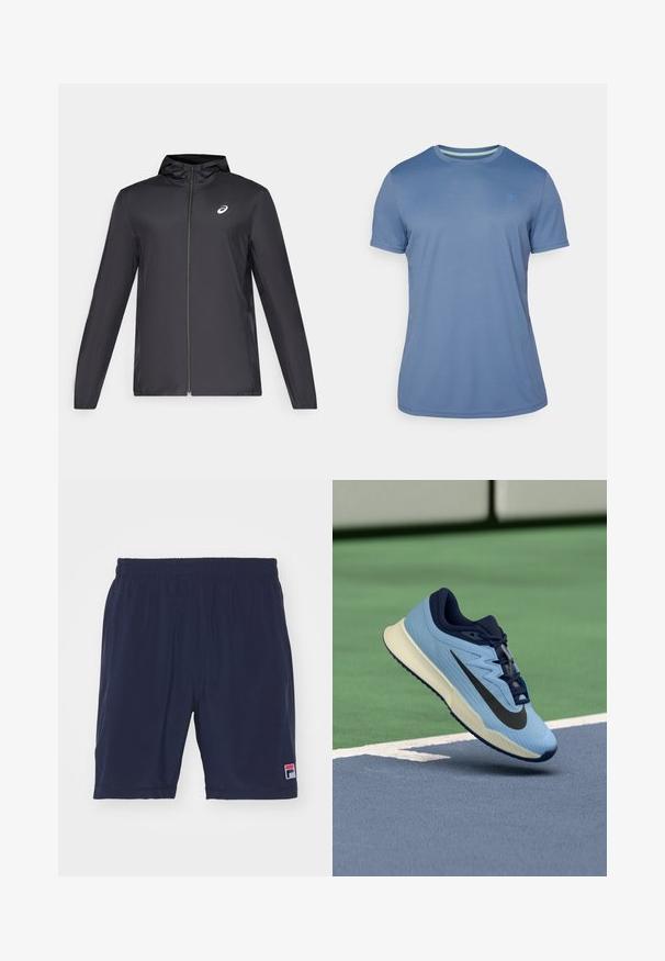 Melns viegls mētelis ar kapuci, priekšējais rāvējslēdzis, gari piedurknes un mazs logo uz krūtīm. Gluda, ūdensizturīga auduma.; Cimdi ar īsām piedurknēm gaiši zilā krāsā, izgatavoti no gludas auduma. Ievērojama apaļa kakla izgriezuma forma ar kontrastējošu iekšējo apdari un mazu logotipa detaļu.; Fila SHORTS FILIP - Sporta šorti - navy; Gaiši zila sporta apava ar tumši ziliem akcentiem, strukturētu acs augšdaļu un melnu Swoosh simbolu. Iespējas ietver mīkstinātu apakšzoli un gumijotu ārējo zoli.