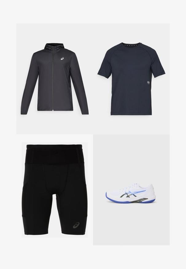 Black lightweight jacket with a hood, front zipper, long sleeves, and a small logo on the chest. Smooth, water-resistant fabric.; Dark navy short-sleeve t-shirt made of lightweight fabric, featuring a crew neckline with small eyelet details at the back and logo on the front side.; Black athletic shorts with a fitted design, made of smooth material. Features a high waistband and a small logo on the lower left leg.; White athletic shoe with blue accents, featuring a mesh upper, black overlays, and a textured sole for traction. Designed for performance and support.