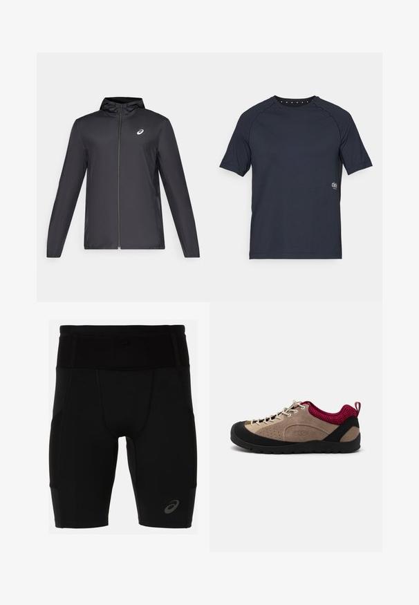 Black lightweight jacket with a hood, front zipper, long sleeves, and a small logo on the chest. Smooth, water-resistant fabric.; Dark navy short-sleeve t-shirt made of lightweight fabric, featuring a crew neckline with small eyelet details at the back and logo on the front side.; Black athletic shorts with a fitted design, made of smooth material. Features a high waistband and a small logo on the lower left leg.; Shoe with a beige suede upper, black rubber sole, pink mesh accents, and grey laces. Features perforations for breathability and a pull tab.