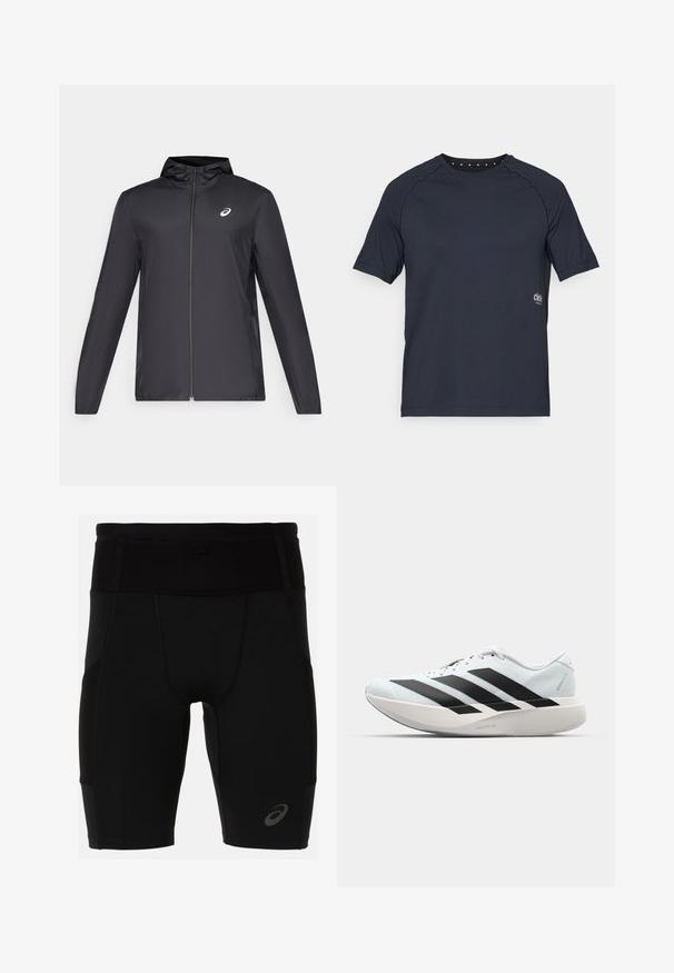 Zwarte lichtgewicht jas met een capuchon, rits aan de voorkant, lange mouwen en een klein logo op de borst. Glad, waterafstotend materiaal.; Donkerblauw short-sleeve t-shirt gemaakt van lichtgewicht stof, met een ronde halslijn en kleine oogjesdetails op de rug en een logo aan de voorkant.; Zwarte sportshorts met een getailleerd ontwerp, gemaakt van glad materiaal. Voorzien van een hoge tailleband en een klein logo op het linkeronderbeen.; Lichte hardloopschoenen in lichtblauw met zwarte strepen. Beschikt over een soepele bovenkant, ronde neusstuk en dikke witte tussenzool met het label "LIGHTSTRIKE PRO."