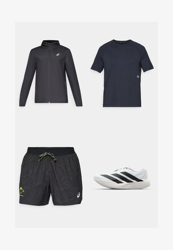 Jachetă ușoară neagră cu glugă, fermoar frontal, mâneci lungi și un mic logo pe piept. Material neted și rezistent la apă.; Tricou scurt cu mânecă, de culoare bleumarin închis, realizat dintr-un material ușor, având un decolteu rotund cu detalii mici de tip eyelet la spate și un logo pe partea din față.; ASICS FUJITRAIL ALL OVER PRINT SHORT MEN - Pantaloni scurți sport - performance black; Pantofi de alergare ușori în albastru deschis cu dungi negre. Au un superior neted, vârf rotund și o intermediară groasă albă etichetată "LIGHTSTRIKE PRO."