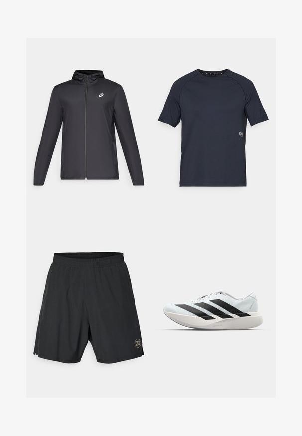 Casaco leve preto com capuz, fecho frontal, mangas longas e um pequeno logotipo no peito. Tecido suave e resistente à água.; T-shirt curto de manga curta em azul marinho escuro, feito de tecido leve, com decote redondo, detalhes de ilhós pequenos na parte de trás e logótipo na frente.; Calções atléticos pretos feitos de um tecido leve, com uma cintura elástica e um logótipo circular dourado na parte inferior direita.; Tênis de corrida leves em azul pálido com riscas pretas. Apresentam um cabedal liso, bico redondo e uma entressola espessa branca rotulada como "LIGHTSTRIKE PRO."