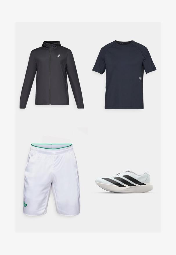 Fekete, könnyű dzseki kapucnival, elöl cipzárral, hosszú ujjú, és egy kisebb logóval a mellkason. Simább, vízálló anyag.; Sötét tengerészkék, rövid ujjú póló könnyű anyagból, kerek nyakkivágással, hátul kis szemcsés részletekkel és elöl logóval.; Fehér sportnadrág zöld derékkal és zöld Adidas trefoil logóval. Simább, könnyű anyagból készült, oldalrészes zsebekkel.; Világoskék, fekete csíkos könnyű futószerek. Simább felső résszel, kerek orral és vastag fehér középtalppal, amelyen a "LIGHTSTRIKE PRO" felirat olvasható.