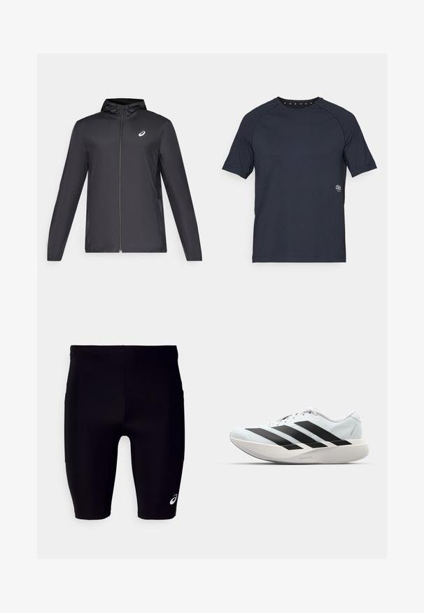 Sort letvægtsjakke med hætte, frontlynlås, lange ærmer og et lille logo på brystet. Glat, vandafvisende stof.; Mørkeblå kortærmet t-shirt lavet af letvægtsstof, med rund halsudskæring og små øjeletsdetaljer på ryggen samt logo på forsiden.; Sorte træningsshorts lavet af strækbart materiale, med en tætsiddende pasform, knælangt design og et lille hvidt logo på den nedre side.; Letvægtige løbesko i lys blå med sorte striber. Har en glat overdel, rund tå og tyk hvid mellemsål mærket "LIGHTSTRIKE PRO."
