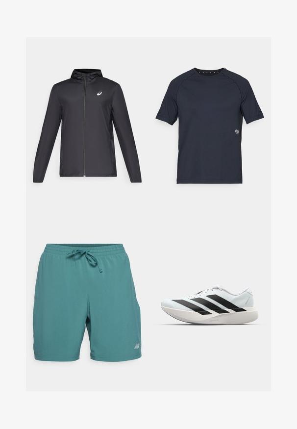 Musta kevyt takki hupulla, edessä vetoketju, pitkät hihat ja pieni logo rinnassa. sileä, vettä hylkivä kangas.; Tummansininen lyhythihainen t-paita, joka on valmistettu kevyestä kankaasta. Paidan muotoilu sisältää pyöreän kaula-aukon, jonka takana on pieniä rei'ityksiä, ja etupuolella on logo.; New Balance ESSENTIALS - Urheilushortsit - new spruce; Kevyt juoksukengät vaaleansinisinä mustilla raidoilla. Ominaisuuksiin kuuluu sileä pinta, pyöreä kärki ja paksu valkoinen välipohja, joka on merkitty "LIGHTSTRIKE PRO".