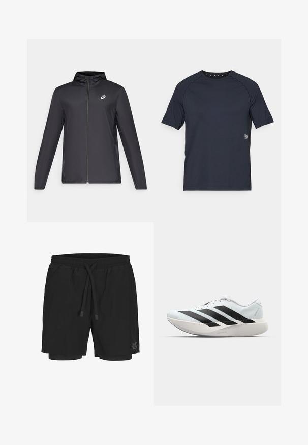 Chaqueta ligera negra con capucha, cierre frontal, mangas largas y un pequeño logo en el pecho. Tela suave y resistente al agua.; Camiseta corta de manga corta en color azul marino oscuro, fabricada con tejido ligero, que presenta un cuello redondo con pequeños detalles de ojales en la parte posterior y un logotipo en el frente.; Bañador negro hecho de un tejido ligero con cinturilla elástica, cordón ajustable y forro interior. Presenta un logo en el costado.; Zapatillas de running ligeras en azul pálido con rayas negras. Presentan una parte superior suave, puntera redonda y una gruesa mediasuela blanca etiquetada como "LIGHTSTRIKE PRO".