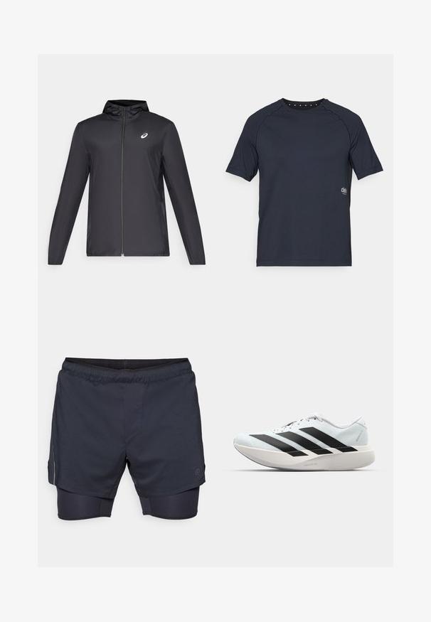 Black lightweight jacket with a hood, front zipper, long sleeves, and a small logo on the chest. Smooth, water-resistant fabric.; Dark navy short-sleeve t-shirt made of lightweight fabric, featuring a crew neckline with small eyelet details at the back and logo on the front side.; Men's athletic shorts in dark navy with an elastic waistband, layered design, and inner compression shorts. Features a side pocket and logo.; Lightweight running shoes in pale blue with black stripes. Features a smooth upper, round toe, and thick white midsole labeled "LIGHTSTRIKE PRO."