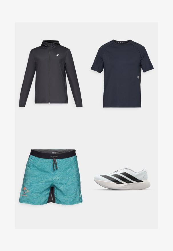 Melns viegls mētelis ar kapuci, priekšējais rāvējslēdzis, gari piedurknes un mazs logo uz krūtīm. Gluda, ūdensizturīga auduma.; Tumši jūras zila īsām piedurknēm T-krekls, izgatavots no viegla auduma, ar apaļu kakla izgriezumu, kas aizmugurē rotāts ar mazām acs detaļām un ar logotipu priekšpusē.; Tirkīza peldbikses ar strukturētu viļņu rakstu, melnu jostasvietu un oranžiem akcentiem. Ievietošanas sistēma ar auklu un logotipa detaļu.; Gaiši zili vieglie skriešanas apavi ar melniem svītrainiem. Iezīmēti ar gludu augšpusi, apaļu purngalu un biezāko balto vidējo zoli, kurā ir uzraksts "LIGHTSTRIKE PRO."