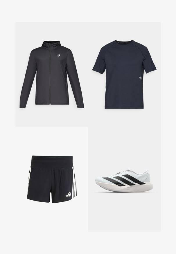 Černá lehká bunda s kapucí, předním zipem, dlouhými rukávy a malým logem na hrudi. Hladká, voděodolná tkanina.; Tmavě modré tričko s krátkým rukávem vyrobené z lehké tkaniny, s kulatým výstřihem a malými očka detaily na zadní straně a logem na přední straně.; Černé sportovní šortky s texturovanou tkaninou, širokým pasem a třemi vertikálními bílými pruhy na bocích. Logo adidas na lemu.; Lehké běžecké boty v světle modré barvě s černými pruhy. Mají hladký svršek, kulatou špičku a silnou bílou mezipodešev označenou "LIGHTSTRIKE PRO."