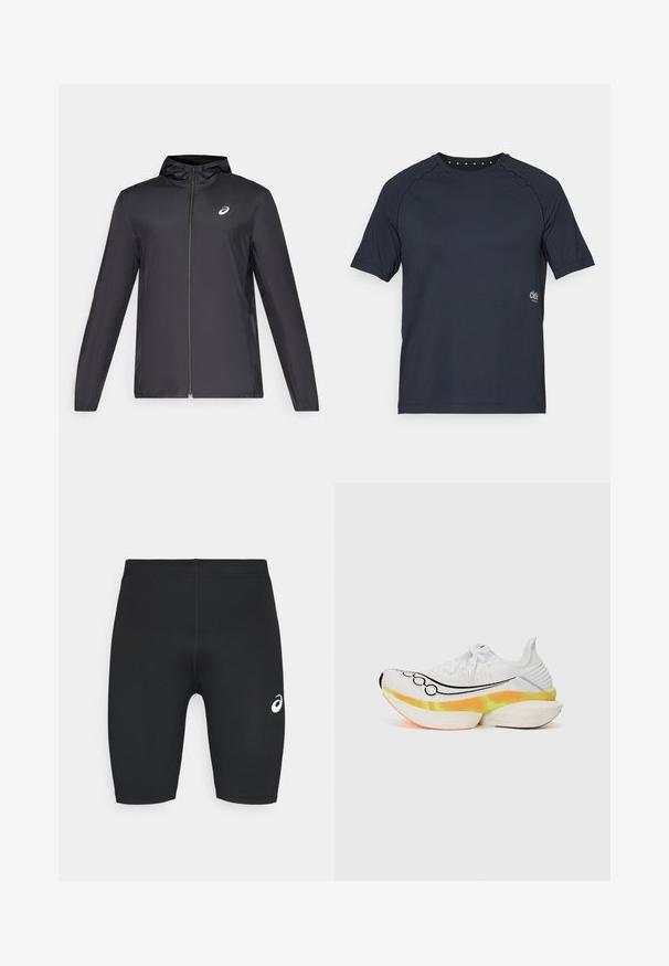 Veste légère noire avec capuche, fermeture éclair sur le devant, manches longues et petit logo sur la poitrine. Tissu lisse et résistant à l'eau.; T-shirt à manches courtes bleu marine foncé en tissu léger, avec un col rond et de petits détails en œillet à l'arrière, ainsi qu'un logo sur le devant.; Shorts de sport noirs avec une texture lisse, un design ajusté et un logo blanc sur le côté gauche. Pas de poches visibles ni de détails en métal.; Baskets de course blanches avec une tige en mesh texturé, un logo Swoosh noir, et une semelle colorée et superposée avec des accents orange et jaunes.