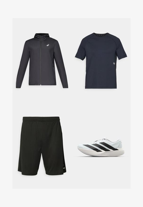 Black lightweight jacket with a hood, front zipper, long sleeves, and a small logo on the chest. Smooth, water-resistant fabric.; Dark navy short-sleeve t-shirt made of lightweight fabric, featuring a crew neckline with small eyelet details at the back and logo on the front side.; Black athletic shorts made of lightweight fabric, featuring an elastic waistband and flat seams. Includes subtle logo detail on hem.; Lightweight running shoes in pale blue with black stripes. Features a smooth upper, round toe, and thick white midsole labeled "LIGHTSTRIKE PRO."