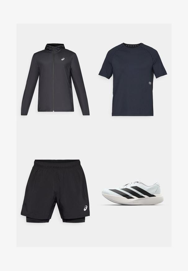 Fekete, könnyű dzseki kapucnival, elöl cipzárral, hosszú ujjú, és egy kisebb logóval a mellkason. Simább, vízálló anyag.; Sötét tengerészkék, rövid ujjú póló könnyű anyagból, kerek nyakkivágással, hátul kis szemcsés részletekkel és elöl logóval.; Fekete sportos rövidnadrág rugalmas derékpánttal, könnyű külső réteggel és integrált kompressziós béléssel. Kicsi logórészlet az oldalon.; Világoskék, fekete csíkos könnyű futószerek. Simább felső résszel, kerek orral és vastag fehér középtalppal, amelyen a "LIGHTSTRIKE PRO" felirat olvasható.