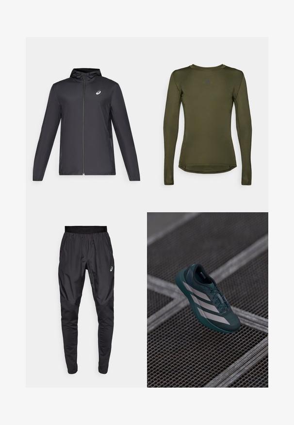 Čierna ľahká bunda s kapucňou, predným zipsom, dlhými rukávmi a malým logom na hrudi. Hladká, vodeodolná látka.; Dlhý rukáv športového trička v olivovej zelenej farbe, vyrobené z hladkej, elastickej látky. Má okrúhly výstrih a jemné logo na hrudi.; Čierne športové nohavice s elastickým pásom, bočnými vreckami a kontrastnými textúrovanými panelmi na nohách. Logo Asics na boku.; Tmavo zelená športová obuv s textúrovaným povrchom, ktorá má tri biele pruhy, zaoblenú špičku a odpruženú podrážku.