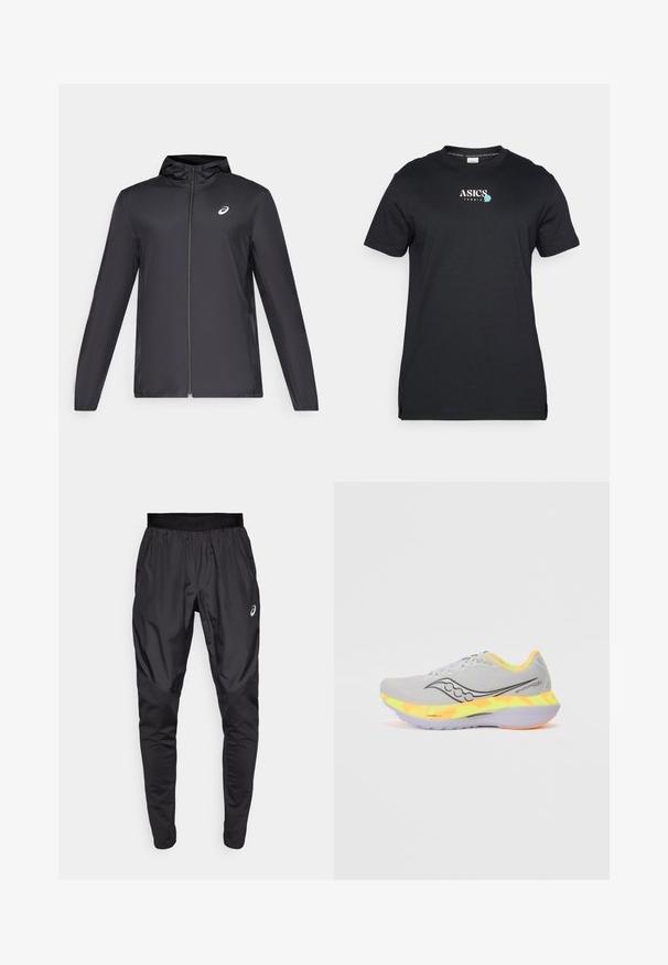 Veste légère noire avec capuche, fermeture éclair sur le devant, manches longues et petit logo sur la poitrine. Tissu lisse et résistant à l'eau.; ASICS GAME SEASONAL GRAPHIC TEE - T-shirt de sport - performance black; Pantalons de sport noirs avec une taille élastique, des poches latérales et des panneaux de texture contrastée sur les jambes. Logo Asics sur la hanche.; Baskets de course gris clair avec tige en mesh, logo noir et semelle intermédiaire en dégradé coloré jaune et orange. Semelle en caoutchouc pour l'adhérence.